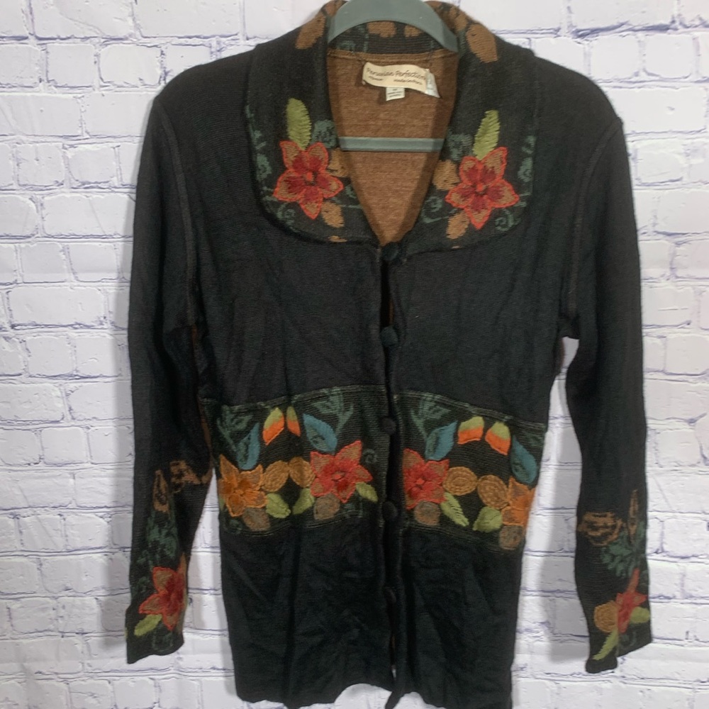 Peruvian Perfection Womens Handmade Alpaca Blend Cardigan Floral Gray Sz M Boho